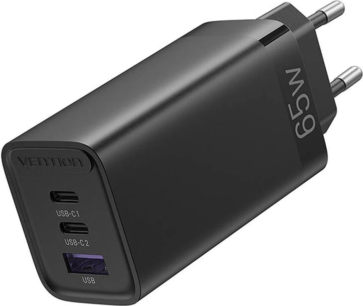 Karikues rrjeti Vention FEDB0-EU, 3 porta (2x USB-C, 1x USB-A), 65W, GaN, i zi