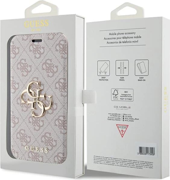 Mbështjellës Guess 4G Metal Logo për iPhone 15 Pro, rozë