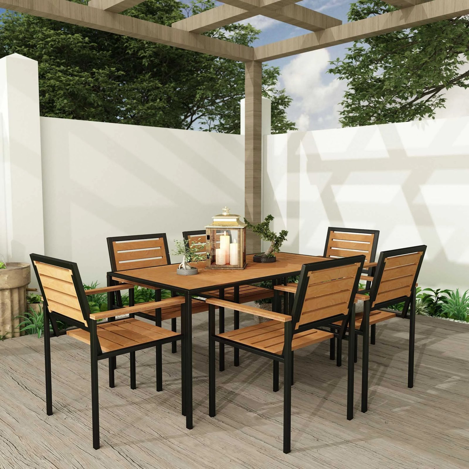 Tavolinë me karrige për terasë, 7 copë, ngjyrë teak, Skye Decor, CPT7707-150