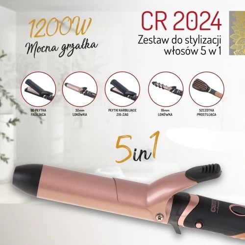 Set stilues flokësh 5-në-1, Adler Camry, CR 2024, 1200W, kordon rrotullues, ngjyrë e zezë/rozë metalike, set