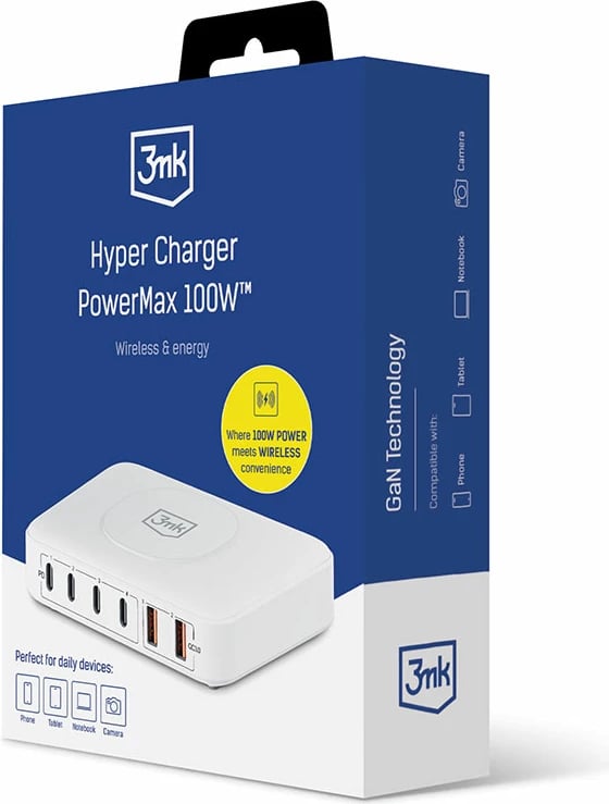 Karikues muri 3mk Hyper Charger PowerMax 100W, 7 porta, i bardhë