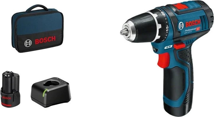 Kaçavidë elektrike Bosch GSR 12V-15, 12V, Li-Ion, set me valixhe, zi/blu/kuqe