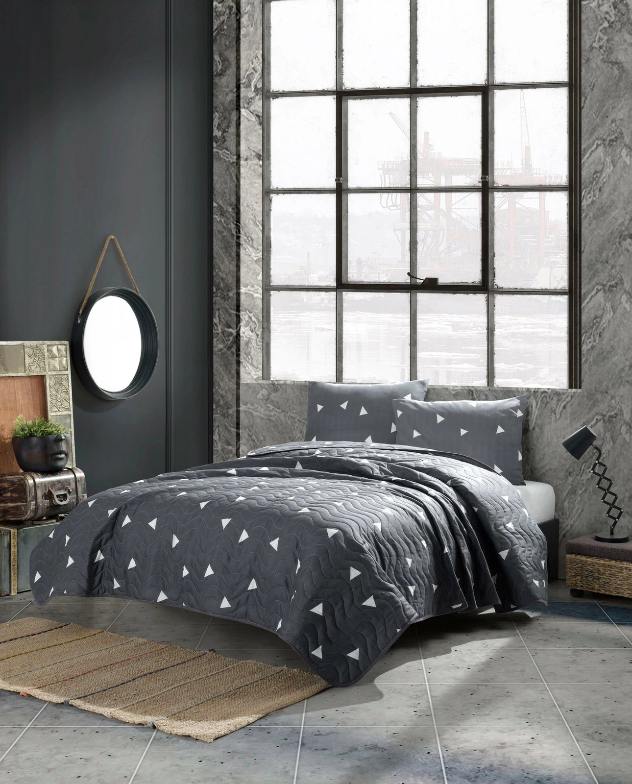 Set mbulesë krevati teke L'essentiel, trekëndësha, gri