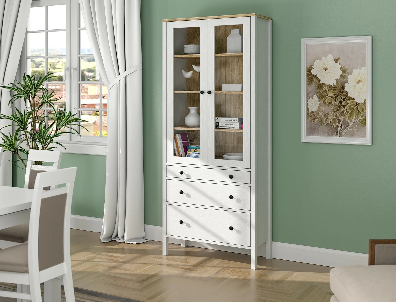 Raft librash Hanah Home, FRN-20069, ngjyrë druri dhe e bardhë