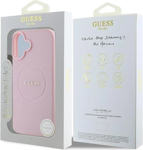 Mbështjellës Guess Grained Gold Ring MagSafe për iPhone 16 Plus, Rozë