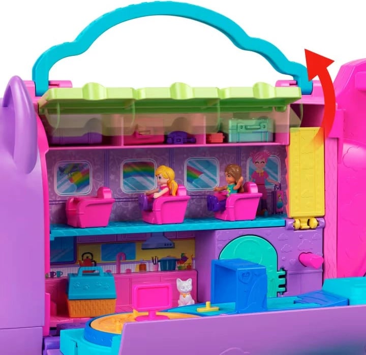 Set lodrash Polly Pocket Cat Plane me 2 figurina dhe 19 aksesorë, shumëngjyrësh