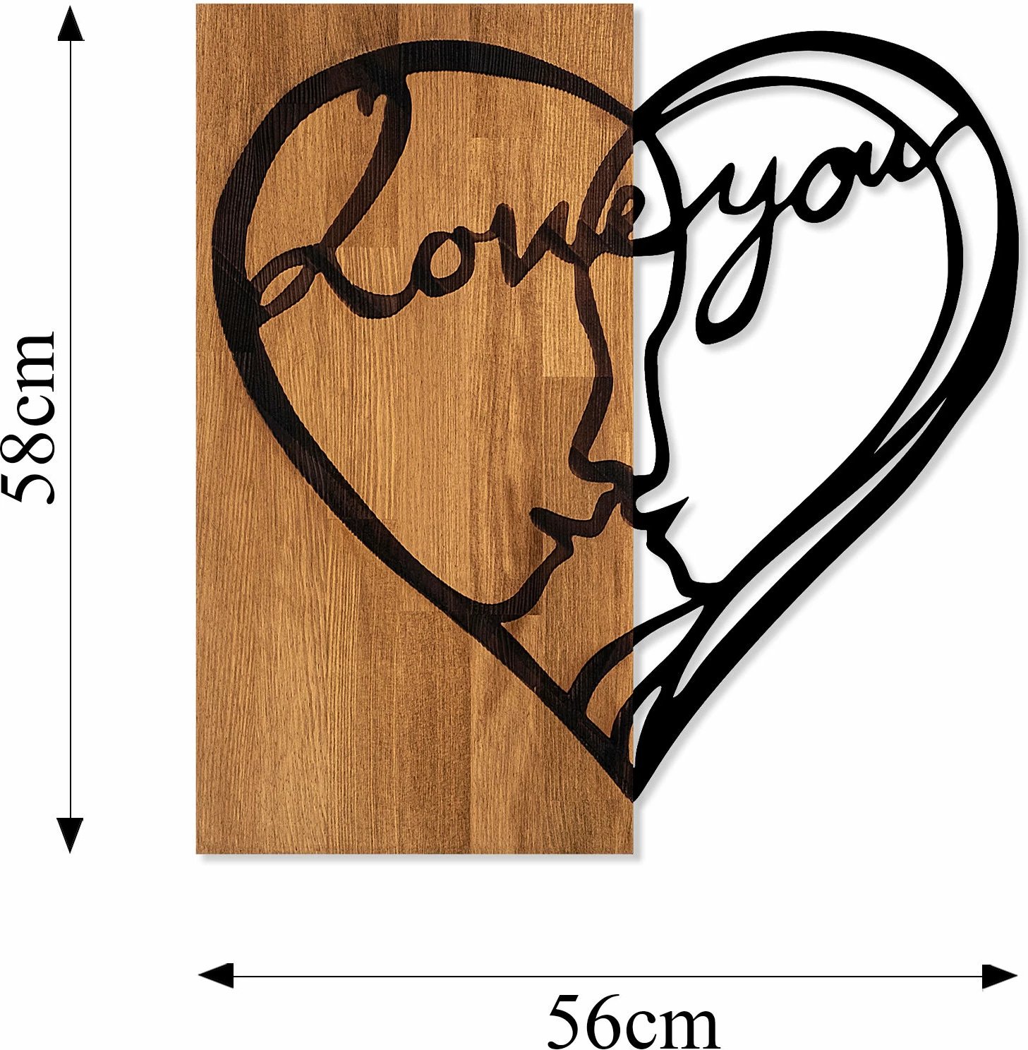 Aksesor dekorativ për mur, dru dhe metal, Wallity, I Love You, ngjyrë arre dhe e zezë, 54x58cm