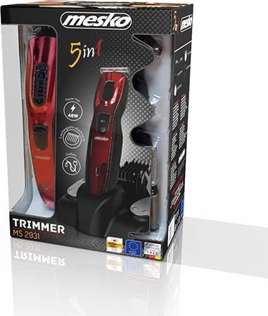 Trimmer 5 në 1, Adler, MS 2931, 5 koka ndërruese, teh/kreherë çeliku, pa kabllo, 48W, me bazë-karikues, e kuqe/zezë, set