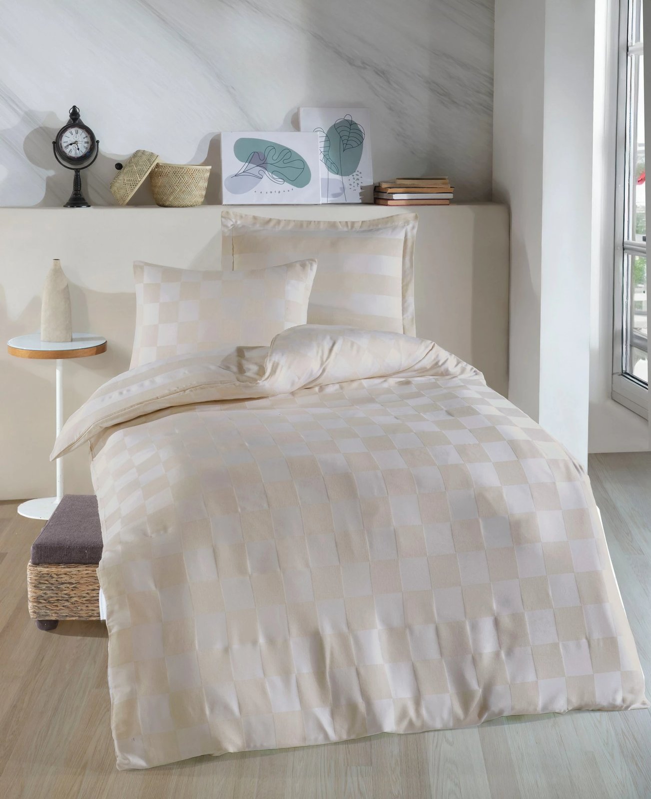 Set mbulesë për jorgan Single XL, kareli saten, ngjyrë bezhë