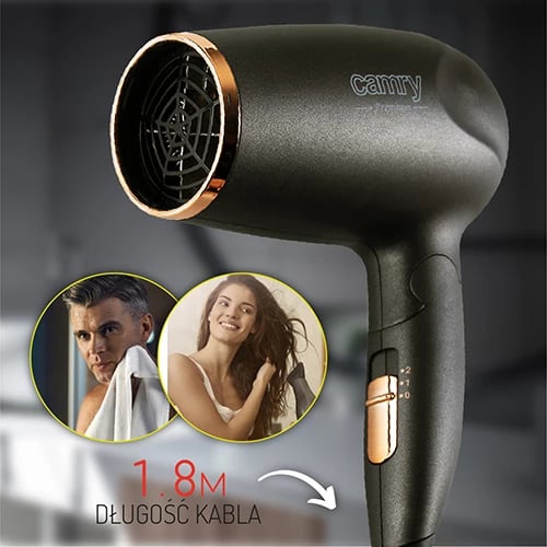 Tharëse flokësh, Camry, CR2261, 1200W, 2 temperatura 2 shpejtësi, dorezë e palosshme, koncentrator, kabllo 1.8m, gri metalike me pjesë ari