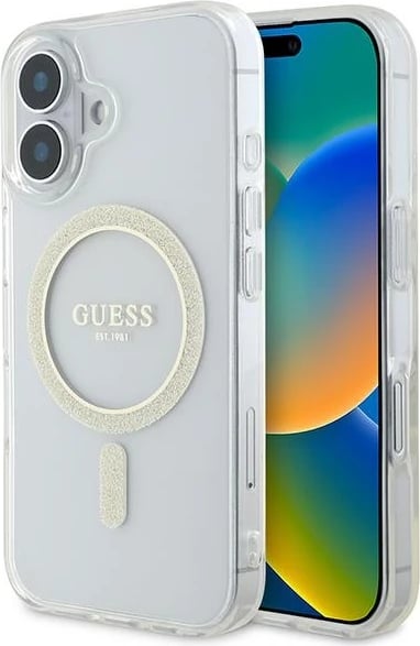 Mbështjellës Guess IML Glitter Circle MagSafe për iPhone 16, Transparent