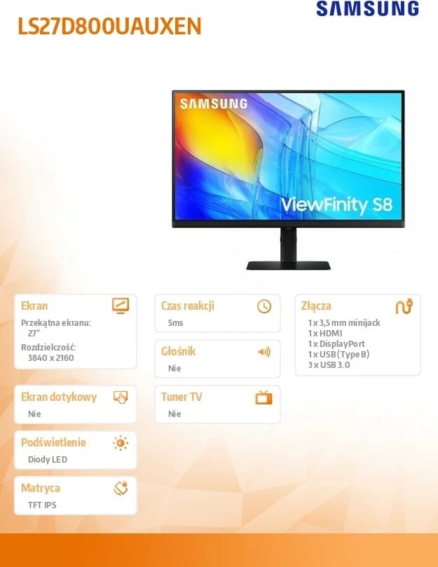 Monitor Samsung ViewFinity S8 LS27D800UAUXEN, 27", IPS, 4K UHD, 3840x2160, USB-C, LAN, E zezë