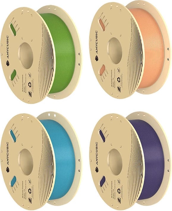 Set filamentesh PLA AnyCubic HPL20-101-4, 1.75 mm, 4 copë, Pantone, Jeshile/Portokalli/Kaltër/Vjollcë