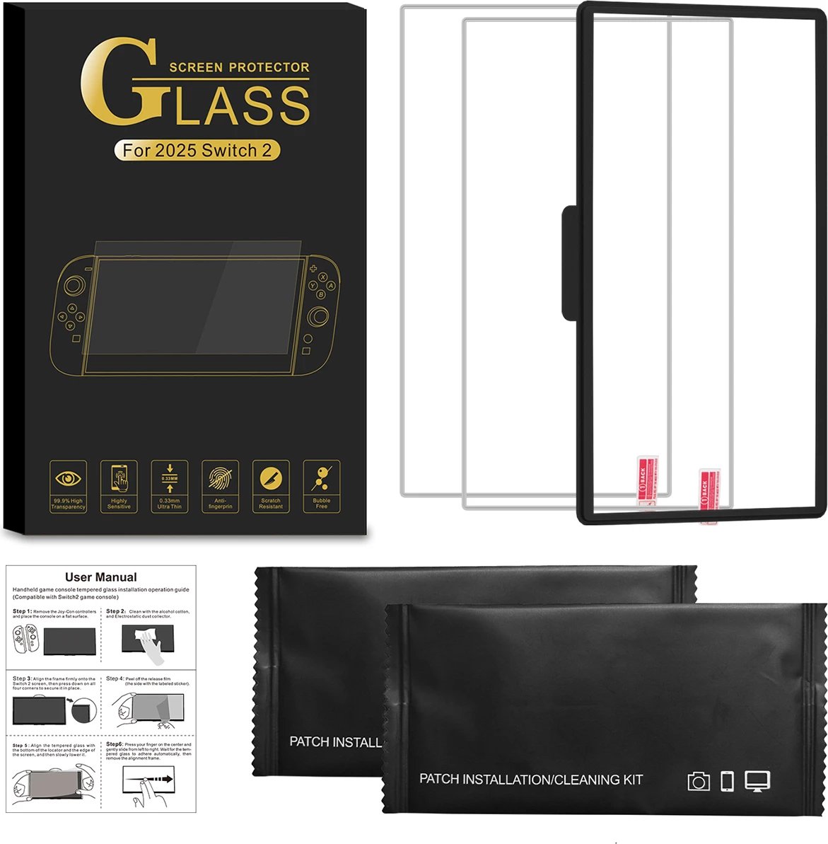 Set mbrojtës ekrani, Hurtel, për Nintendo Switch 2, 0.33 mm, transparencë 99.9%, kornizë pozicionimi, 2 copë