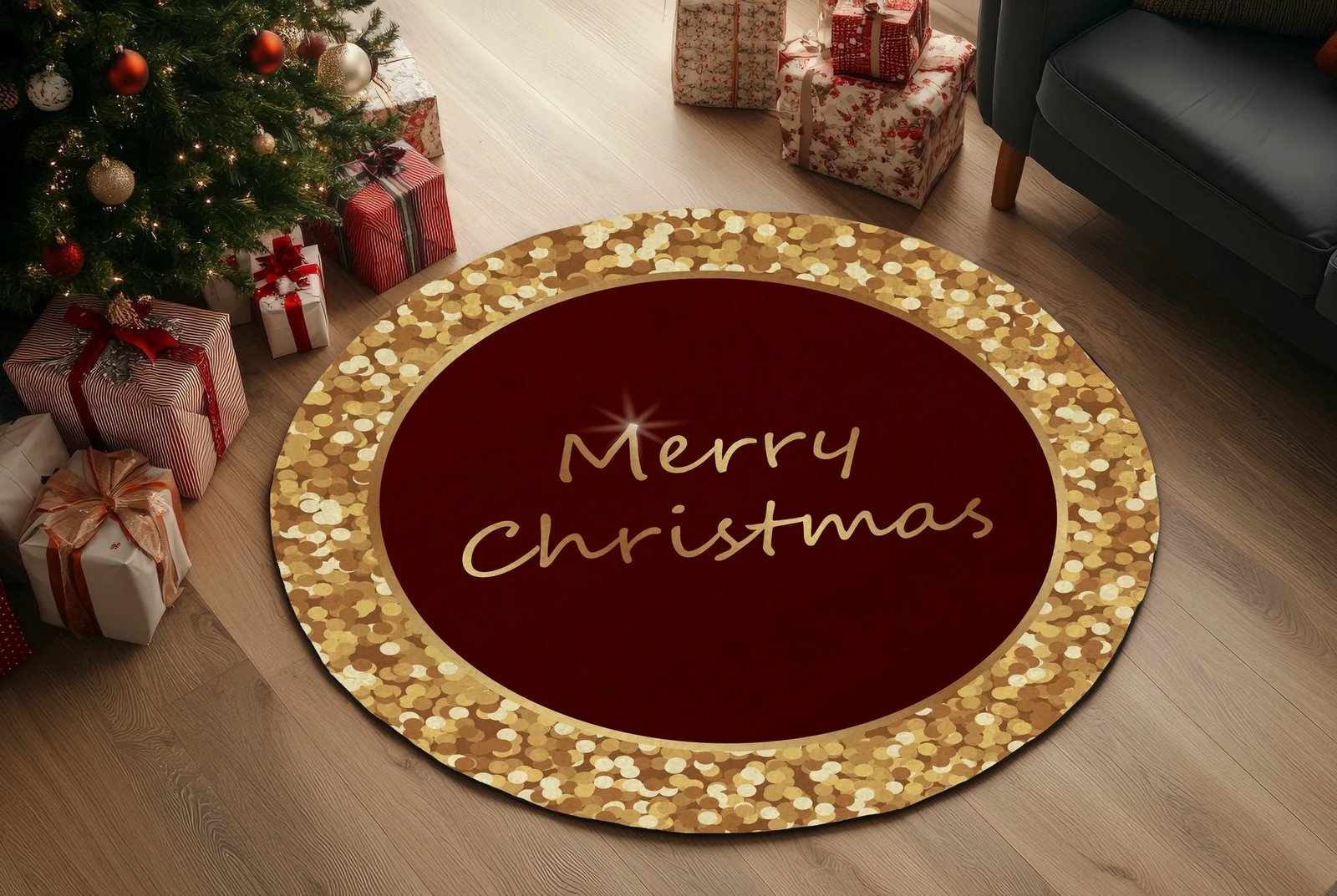 Qilim i rrumbullakët, tematikë Krishtlindjesh, shumëngjyrësh, 160x160cm, Crp-Yrlk26-9