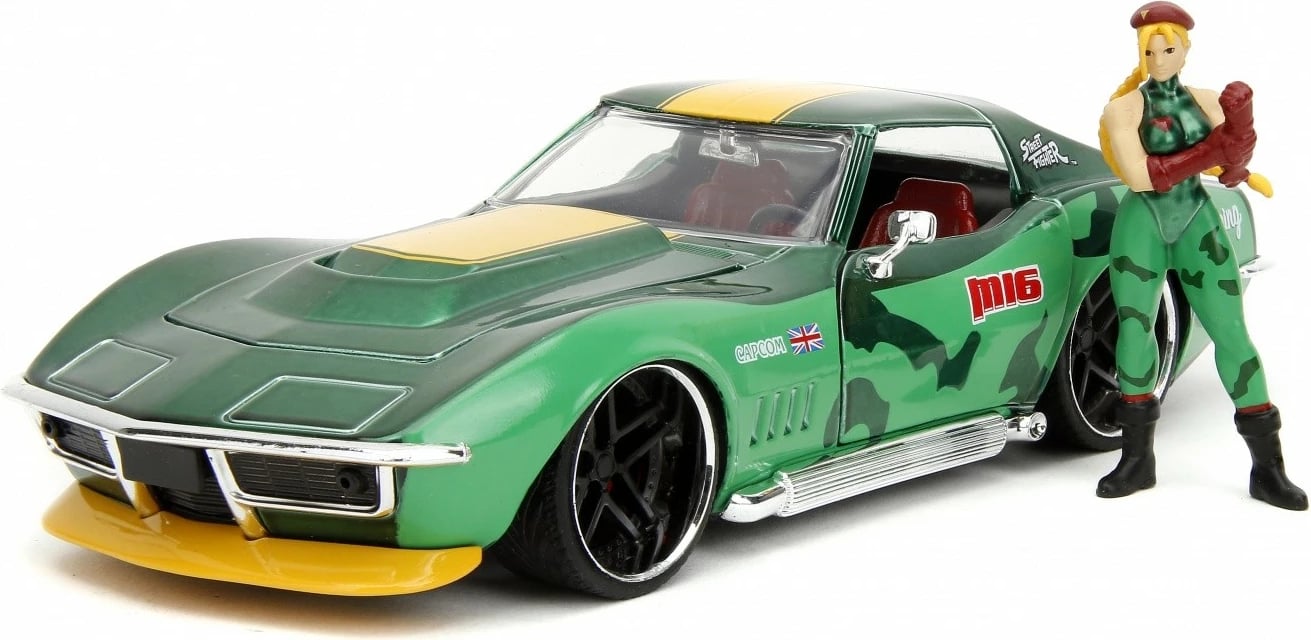Veture lodër Jada Toys Street Fighter 1969 Chevrolet Corvette 1:24 me figurë Cammy, Gjelbër/Verdhë