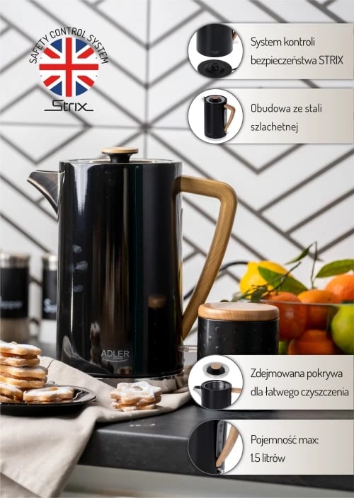 Çajnik elektrik, Adler AD 1347, 1.7 L, STRIX, 1850-2200W, inox, i zi