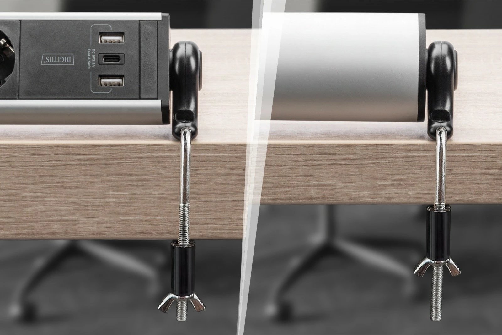 Prizë shumëfishe Digitus DA-70624 me 6 dalje, 2xUSB-A, 1xUSB-C, alumini, montim me kapëse, e zezë/argjendtë