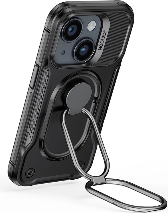 Mbështjellës Joyroom Dual Hinge për iPhone 14 Plus, me këmbalec dhe ring holder, Zi