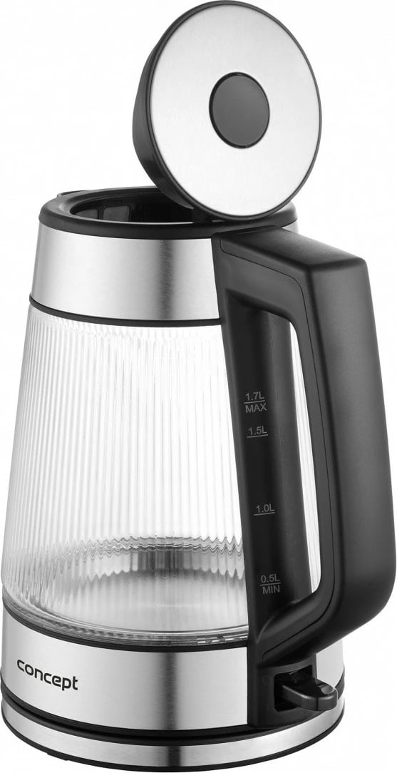 Çajnik elektrik Concept RK4210 1.7 L 2200 W xhami me ndriçim LED bazë rrotulluese STRIX inox dhe transparent