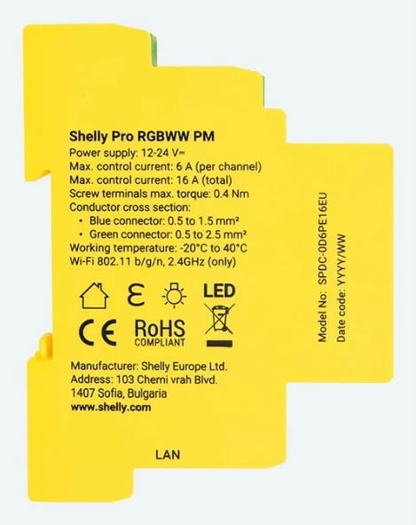 Relais smart Shelly Pro RGBWW PM, Wi-Fi/LAN/BT, plastik, verdhë Relais smart Shelly Pro RGBWW PM, Wi-Fi/LAN/BT, plastik, verdhë