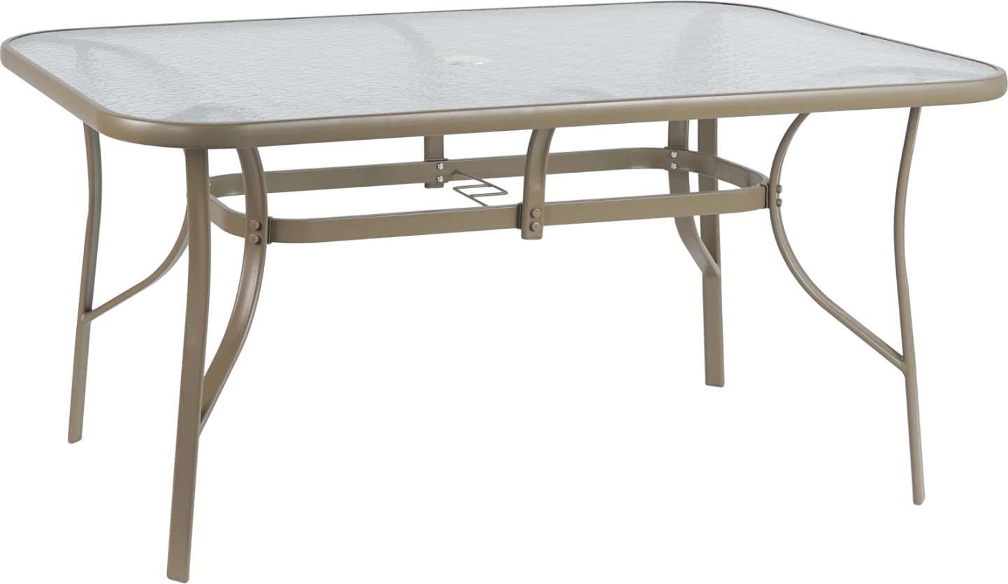 Tavolinë ngrënieje BRUNO FH5145.14 metalike ngjyrë shampanje-xham i temperuar me vrimë për ombrellë 149,5x89,5x72Hcm