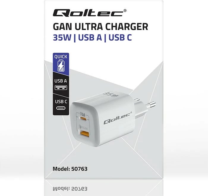 Mbushës muri Qoltec 50763, 35W, GaN, 1x USB Type C PD, 1x USB, Bardhë