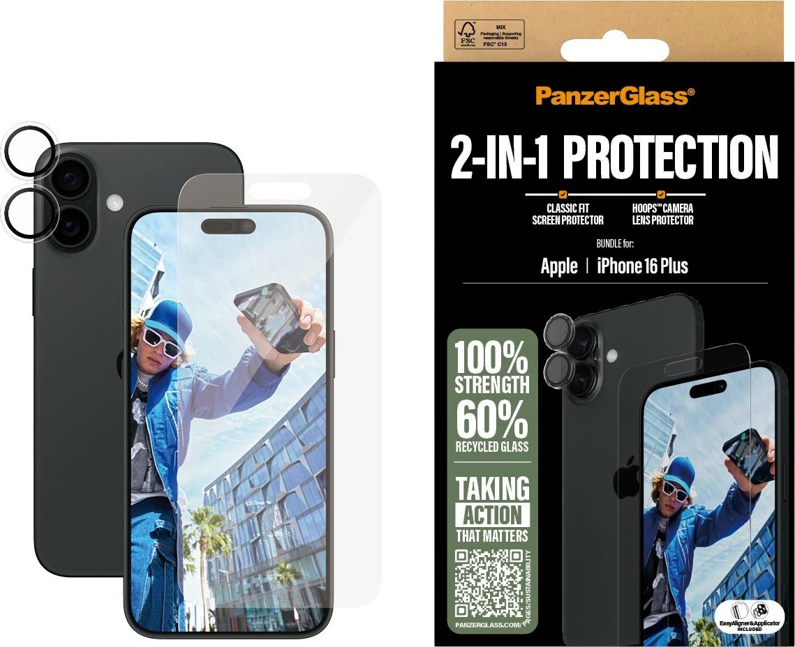 Mbrojtës ekrani PanzerGlass për iPhone 16 Plus, transparent, 2-in-1 bundle