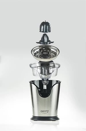 Shtrydhëse agrumesh, Adler Camry CR 4006, 500W max 100W nominale, levë çeliku, NoDrip, 2 konusa, çelik inox, argjendtë/zezë