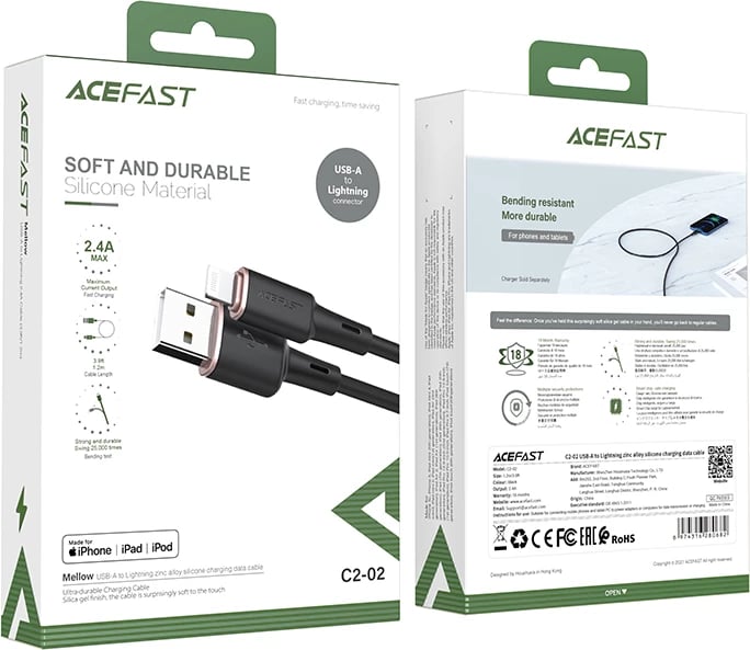 Kabllo Acefast C2-02, USB në Lightning, 1.2m, 2.4A, e zezë