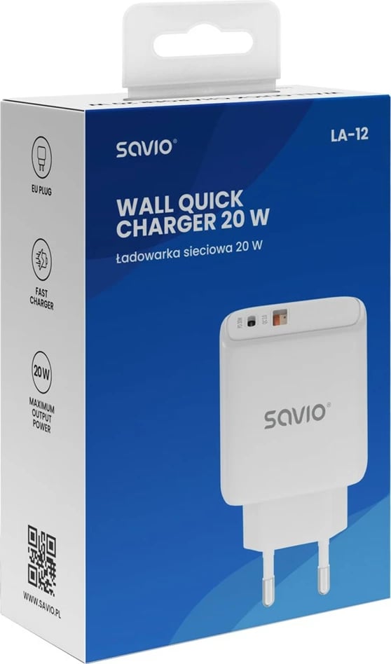 Karikues murale, Savio LA-12 (SAVLA-12), 20W PD 3.0 & QC 3.0, 2 porta (USB-A + USB-C), prizë EU, i bardhë