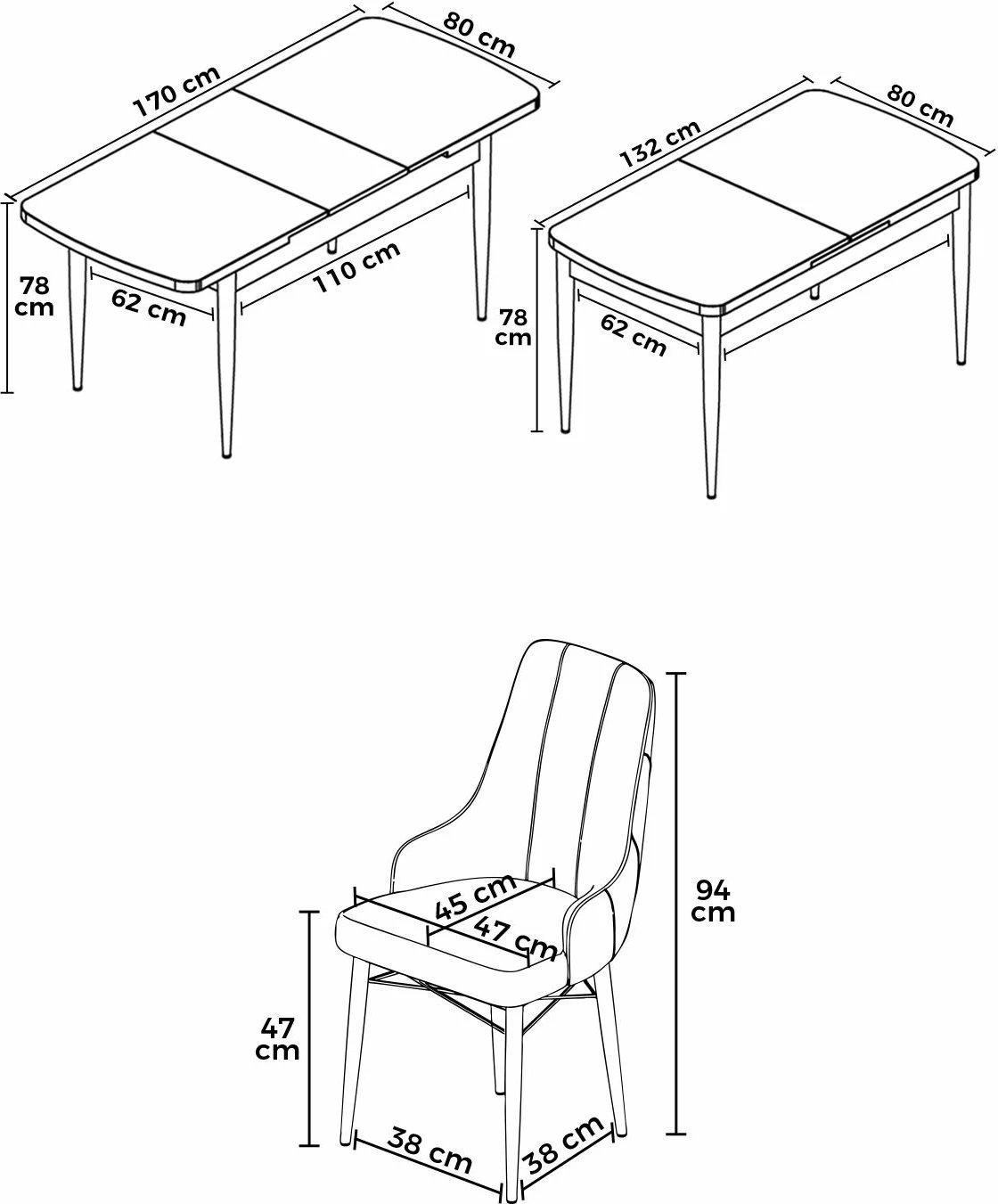 Tavolinë me karrige për ngrënie, zgjatshme, 7 copë, Skye Decor, barok, antracit