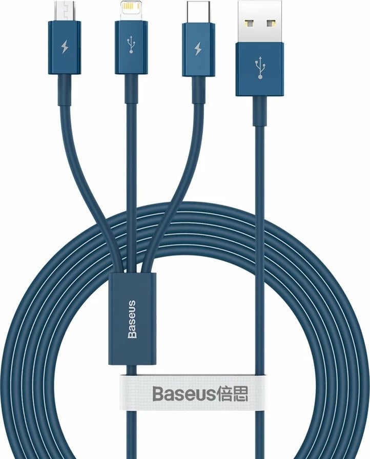 Kabllo 3-në-1 Baseus Superior, USB-C / Lightning / micro USB, 1.5m, Blu