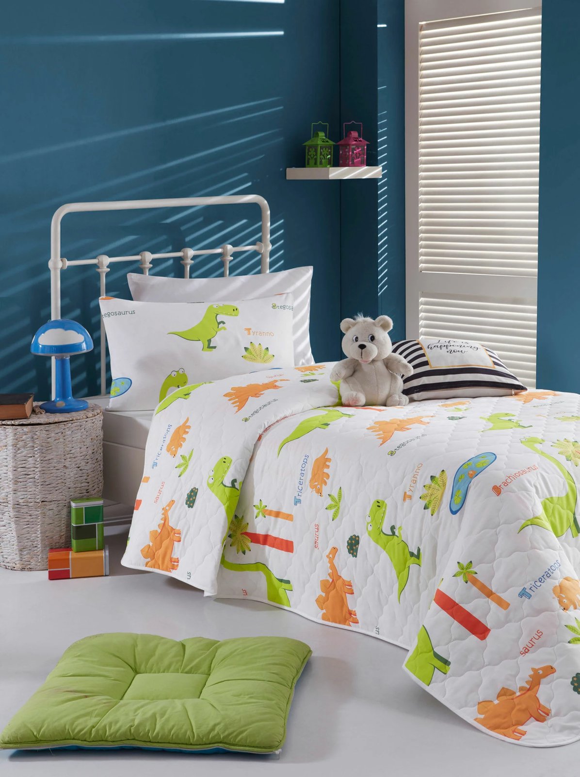 Set mbulesë krevati dopio Ranforce, dinozaurë, ngjyrë e bardhë, e kaltër e errët, e gjelbër, portokalli, e verdhë