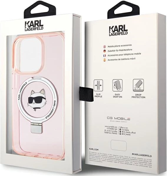 Mbështjellës Karl Lagerfeld KLHMP15XHMRSCHP për iPhone 15 Pro Max 6.7", me unazë Ring Stand Choupette Head, MagSafe, rozë