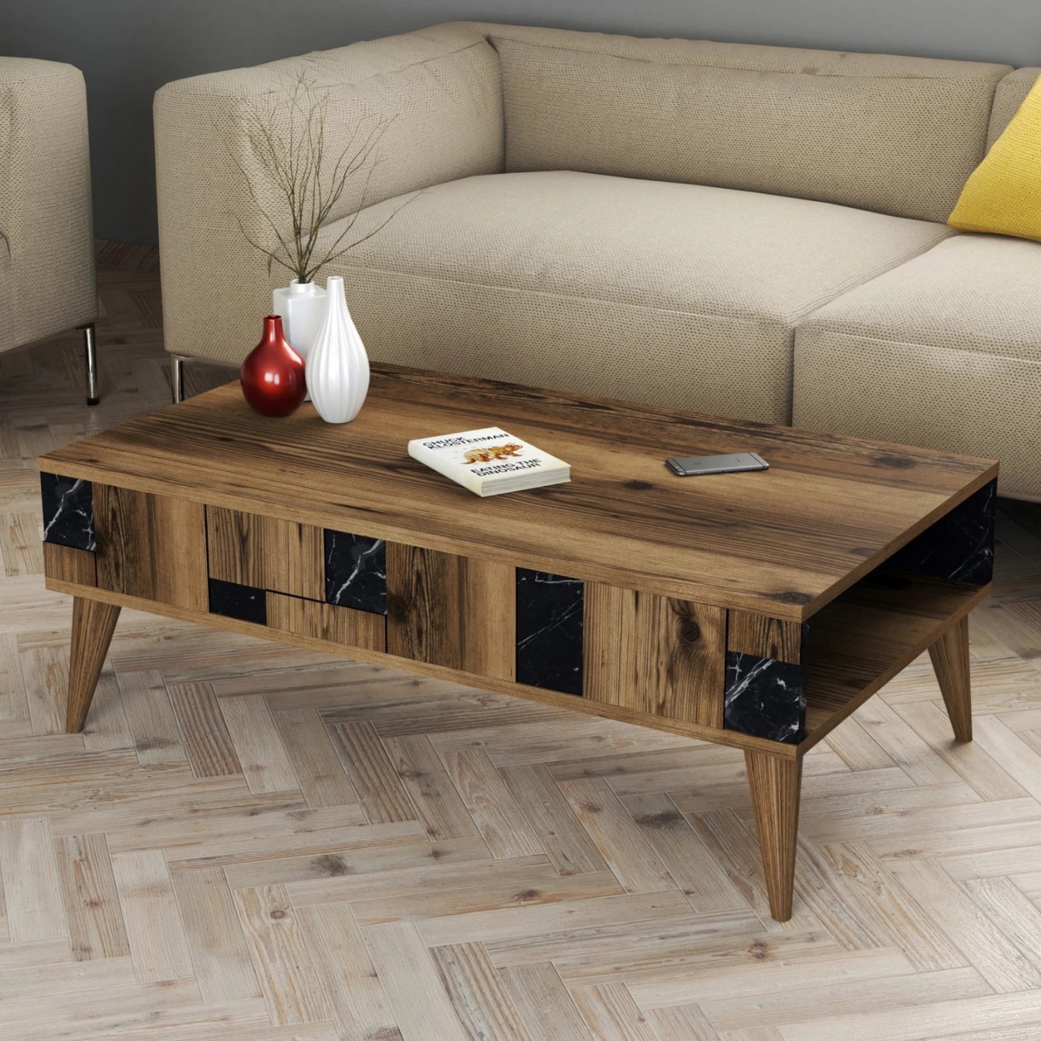 Tavolinë kafeje, pamje mermeri të zi, ngjyrë arre, FH9504.02, 105x60x37.6 cm