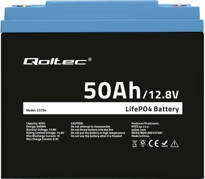 Bateri rikarikueshme Qoltec 53704, LiFePO4, 12.8V, 50Ah, 640Wh, me BMS Bateri rikarikueshme Qoltec 53704, LiFePO4, 12.8V, 50Ah, 640Wh, me BMS