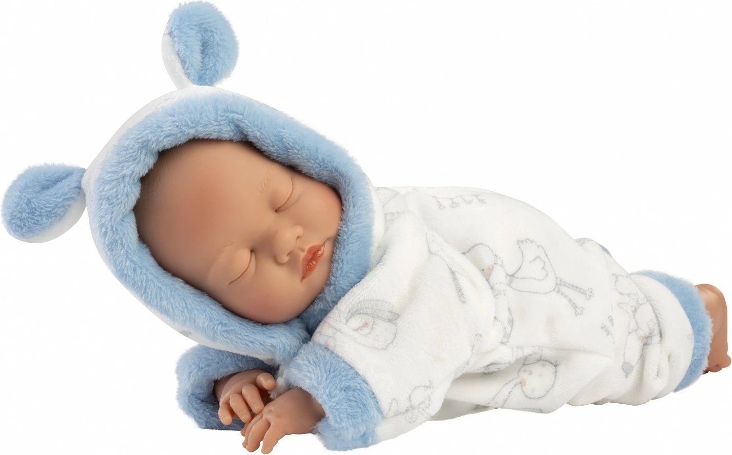 Kukull bebe, Llorens 63311, 32 cm, bark i butë pambuku, duar/këmbë/kokë vinyl, djalë, me smoc dhe veshje, e bardhë/blu