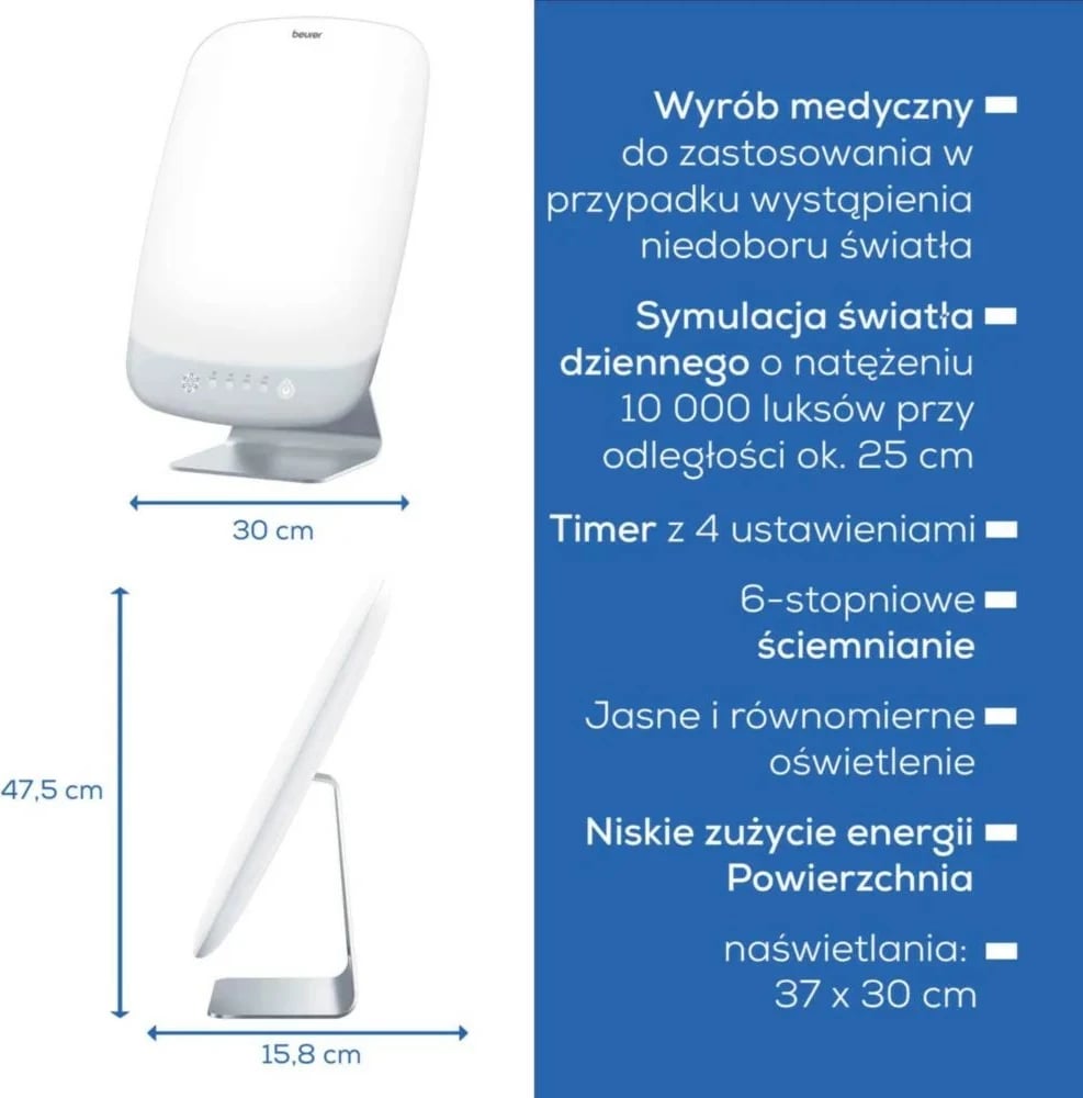 lampë dite, Beurer TL95, LED 10000 lux, sipërfaqe 30×37 cm, timer 30/60/90/120 min, e bardhë/argjendtë