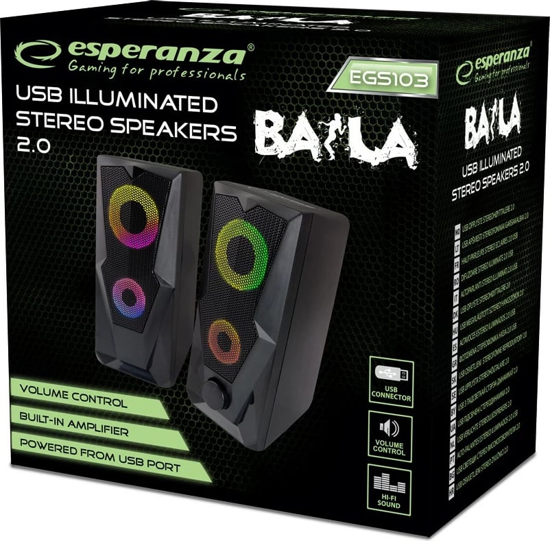 Altoparlantë kompjuteri Esperanza EGS103 me LED Rainbow, 6W, të zi