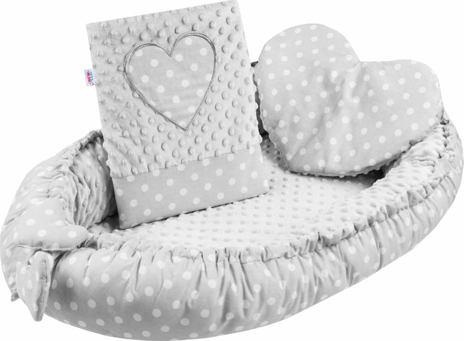 fole bebe luksoze, NEW BABY, Heart, minky i kthyeshëm me rregullim me kordelë, 55x75 cm, gri, set me jastëk dhe batanije