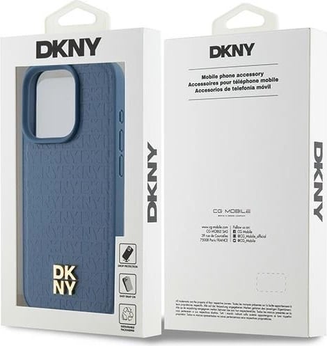Mbështjellës DKNY Leather Monogram Pattern Metal Logo MagSafe për iPhone 15 Pro, Kaltër