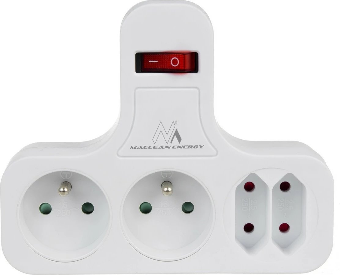 Prizë shumëfishuese murale me Switch, Maclean, MCE224E, 4 dalje (2x16A Type E + 2x2.5A Type C), pa kabllo, e bardhë