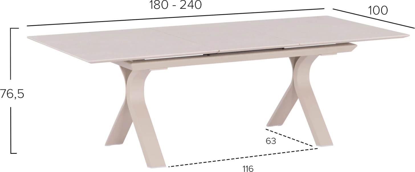 Tavolinë ngrënieje e zgjatshme ANDROMEDA, alumin, sipërfaqe gur sintetik, ngjyrë fildishi, 180-240x100x76.5cm