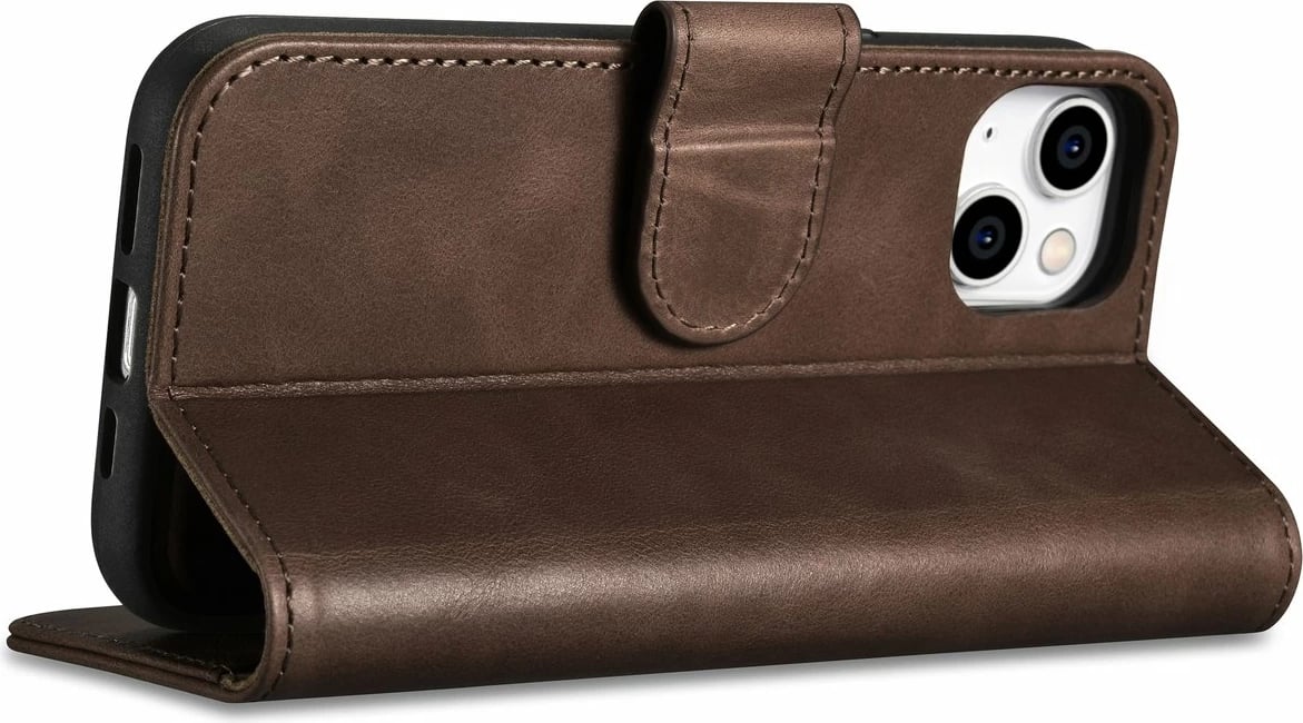 Mbështjellës iCarer Oil Wax Wallet 2in1 për iPhone 14, lëkurë natyrale, Anti-RFID, Kafe