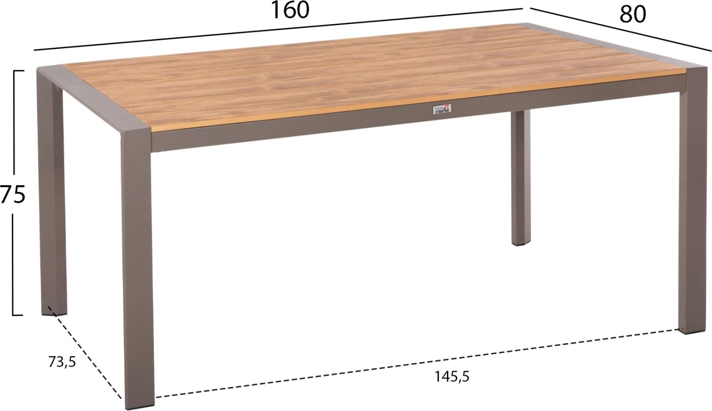 Tavolinë ngrënieje për jashtë GOYA, alumini, ngjyrë shampanjë & sipërfaqe tavoline polywood, 160x80x75 cm