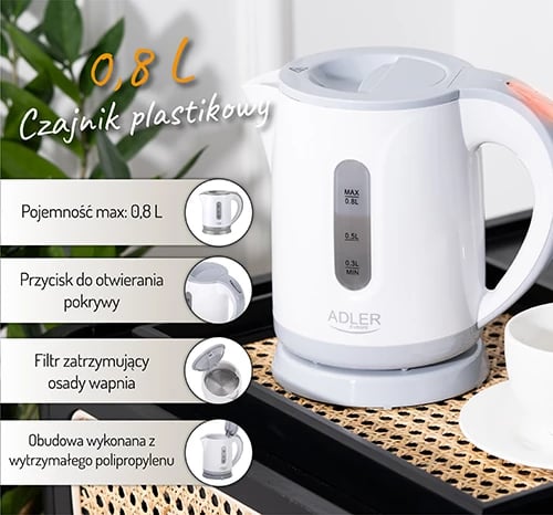 Zierëse uji elektrike, Adler, AD 1371, 0.8 L, 850 W, plastikë, bardhë-gri