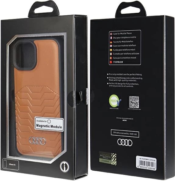 Mbështjellës Audi për iPhone 15/14/13, lëkurë sintetike, MagSafe, kafe