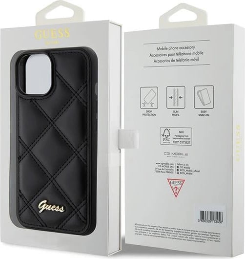 Mbështjellës Guess Quilted Metal Logo për iPhone 15, i zi Mbështjellës Guess Quilted Metal Logo për iPhone 15, i zi