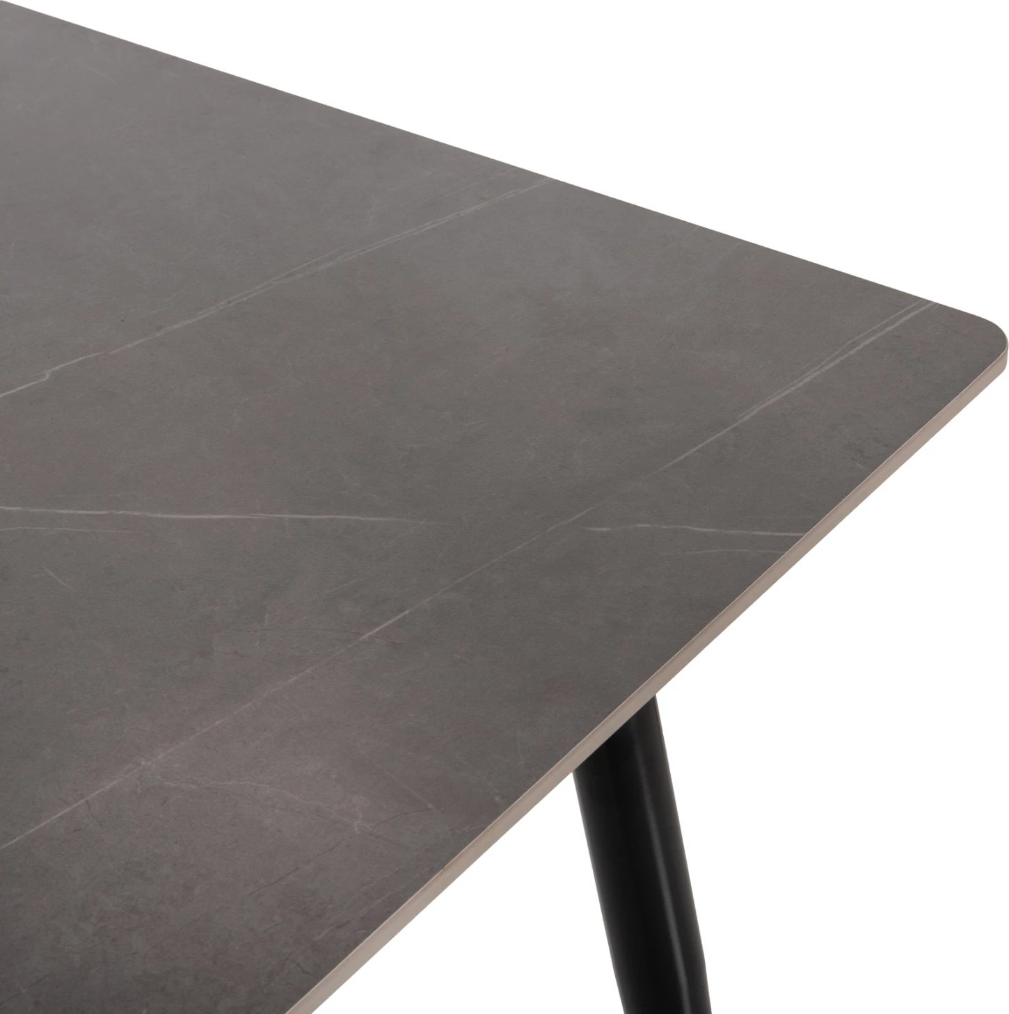 Tavolinë ngrënieje TOM, FH8588.01, sipërfaqe guri të sinteruar, pamje mermeri gri, këmbë metali të zeza, 160x90x76 cm